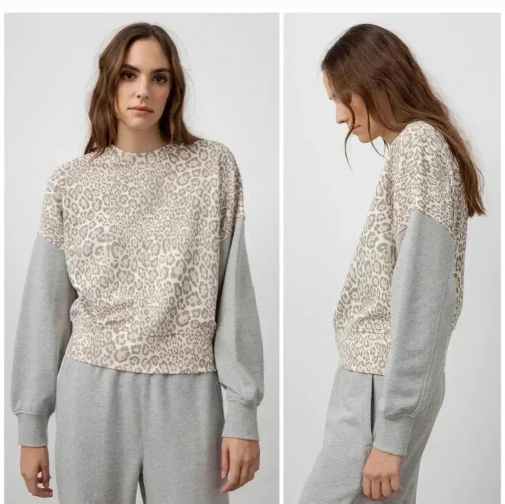 Rails Alice Leopard Jaguar Print Sweatshirt Gorpcore Mixed Grey Cheetah Print(M)